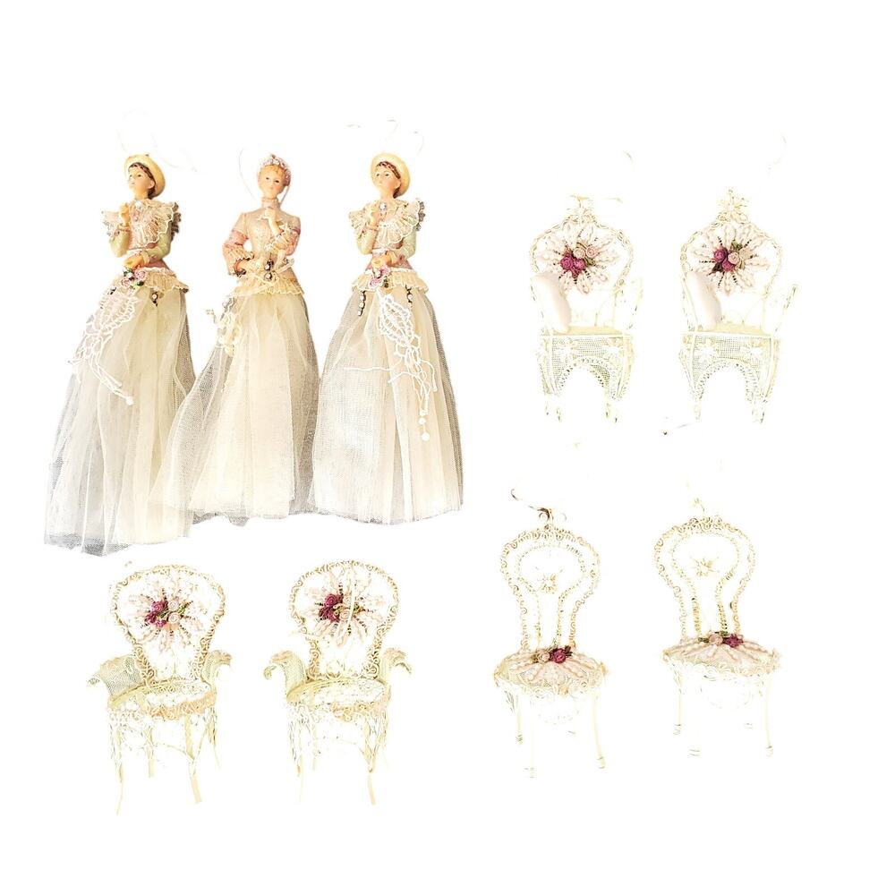 Vintage Victorian Style Ornaments X9 Women & Chairs Handmade Large Off-White Set